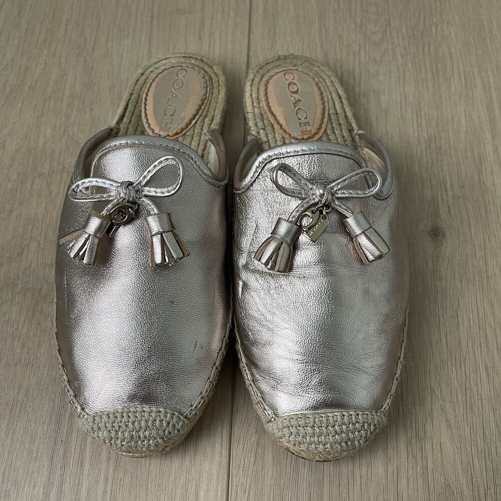 Coach Shoes Womens Cassidy Espadrille Mules Size 7 Leather Silver - Picture 2 of 16
